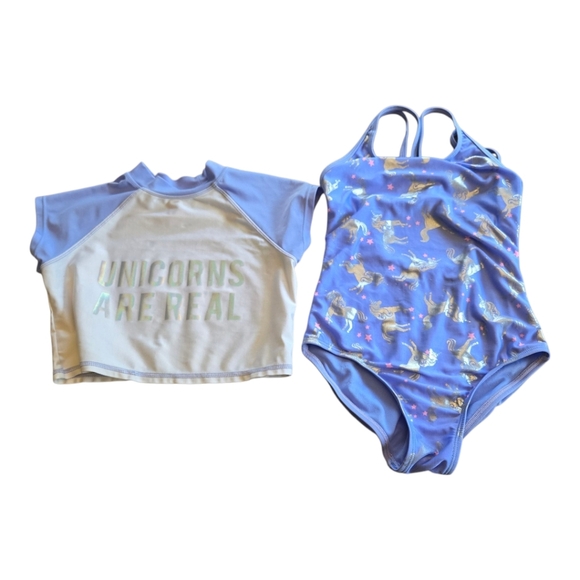 Girl's More Than Magic Blue Purple Unicorn Swimsuit Set Size Medium 7/8 - Picture 1 of 4